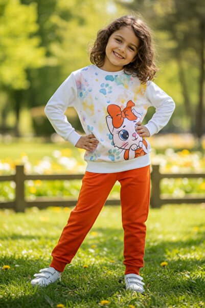 TOFİSA Girl's Orange Printed Shawl Pajama Set - 28236-Oranj