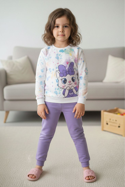 TOFİSA Girl's Lilac Printed Embroidered Pajama Set - 28236-Lila