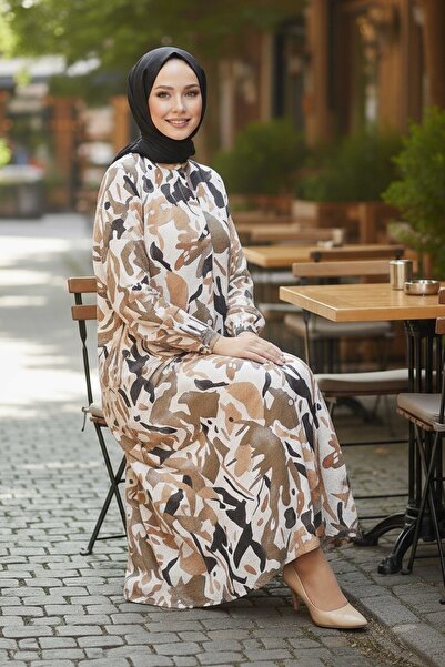 TOFİSA Λινό φόρεμα με στάμπα και τσέπες - 28296-TABA