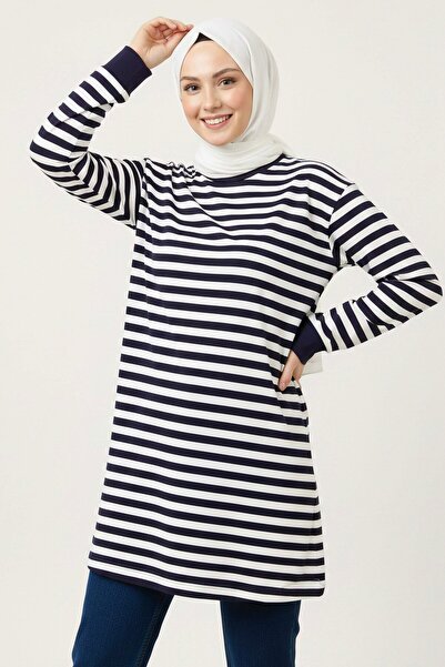 TOFİSA Striped Cuffed Tunic Navy Blue - 28218-Navy Blue