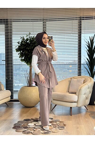 ALANURMODA 14454 Üst Yelek Ön Çıtçıtlı Broşlu Takım