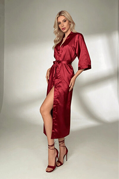 Gece İncisi Μπορντό Φακίρ Κολ Μακρυμάνικο Σατέν Φόρεμα