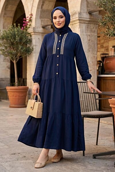 TOFİSA Embroidered Buttoned Woven Viscose Dress Navy Blue - 28326-Navy Blue