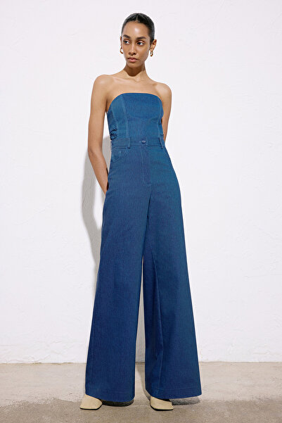 rue Geniş Paça Denim Dokulu Mavi Pantolon