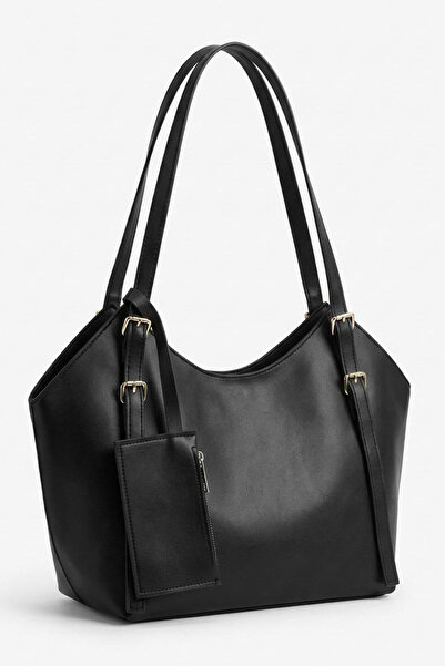 TOFİSA Women's Black Faux Leather Wide Bag with Wallet - 28314-Black