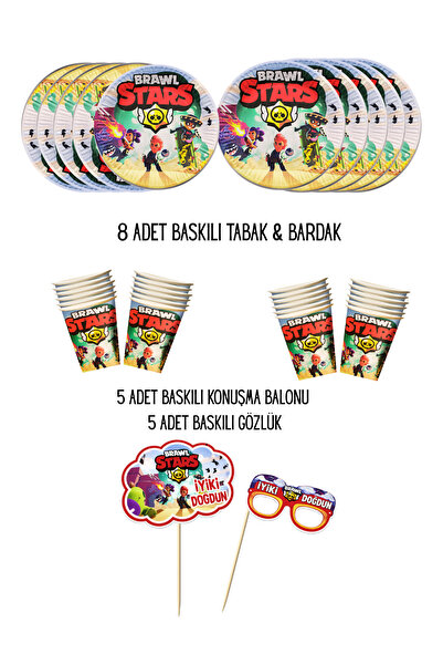 HAPPYLOOPPARTY Brawl Stars 8 Kişilik Tabak , Bardak & 5 Adet Konuşma Balonu &...