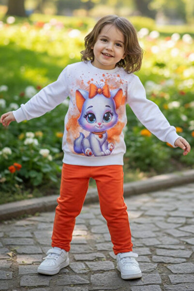 TOFİSA Girl's Orange Printed Shawl Pajama Set - 28238-Oranj