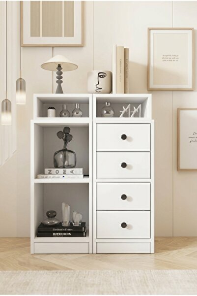 FOR WOMAN DESİGN Ahşap Şifonyer Çok Amaçlı Dolap 4 Çekmeceli Raflı Modern Düz...