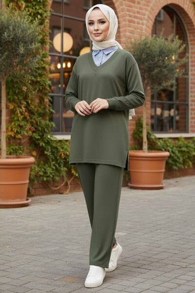 TOFİSA Παντελόνι Modal Tunik με Λεπτομέρεια στο Γιακά Χακί - 28130-HAKI