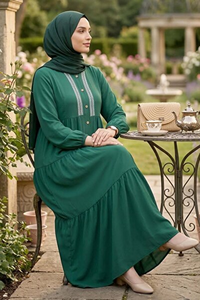 TOFİSA Embroidered Buttoned Woven Viscose Dress Zumrut - 28326-Zumrut