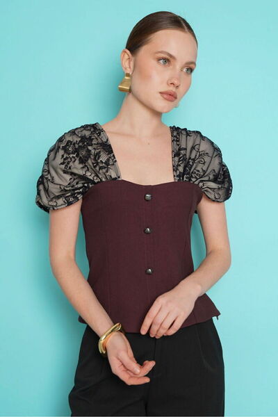 VERYMODA Shoulder Lace Detailed Boat Neck Blouse - Brown |   D2994