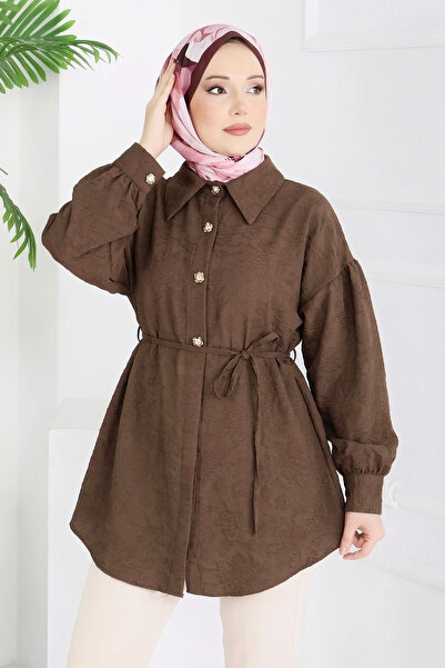 TOFİSA Embossed Detailed Buttoned Tunicq Brown - 28206-Brown