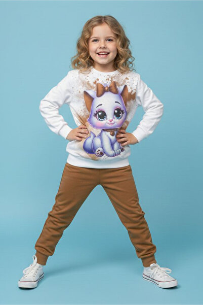 TOFİSA Κοριτσίστικο Σετ Πιτζάμες με Καφέ Σχέδιο και Τύπωμα - 28238-ΚΑΦΕ