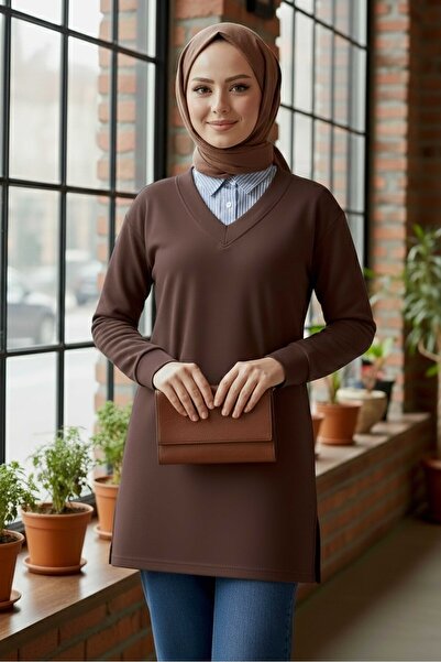 TOFİSA Collar Detailed Modal Tunic Brown - 1026-Brown
