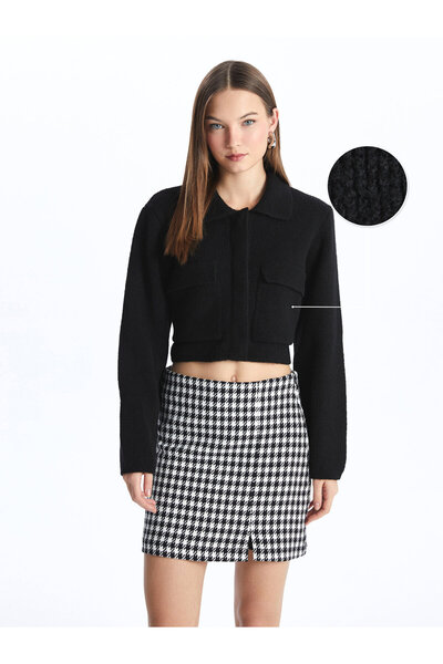 LC Waikiki Polo Neck Plain Long Sleeve Crop Women's Knitwear Cardigan