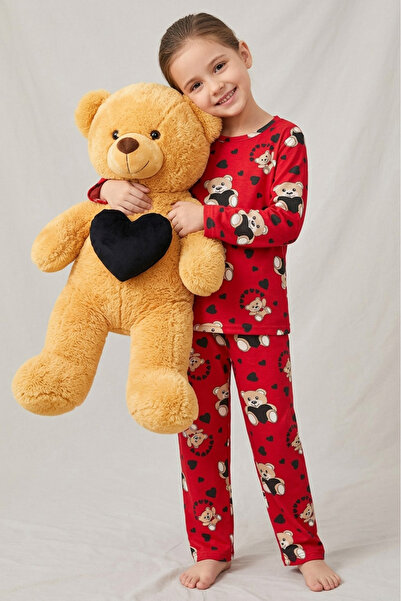 TOFİSA Girl's Red Teddy Bear Printed Suede Pajama Set - 28344-Red