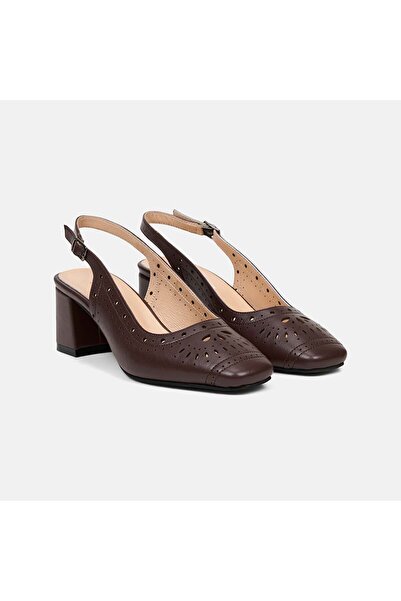 Desa Women's Brown Laser Cut Detailed Square Toe Heeled Shoes