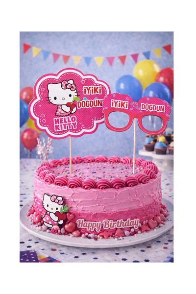 HAPPYLOOPPARTY Hello Kitty Konuşma Balonu & Gözlük Pasta Üstü Topper Seti 2 L...