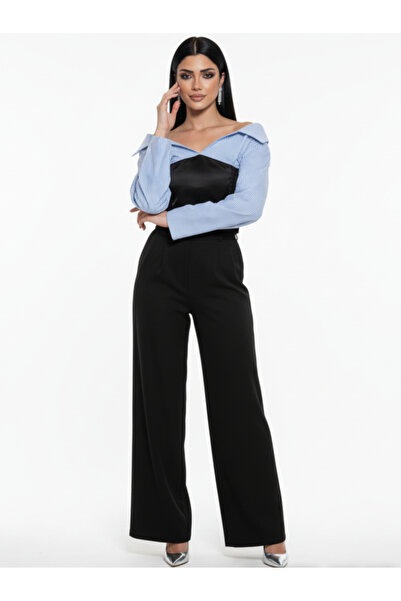 OEM Women's casual black blue wide-leg pants suit, S/M