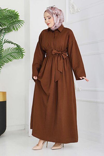 TOFİSA Waist Belted Hidden Button Dress Brown - 28224-Brown