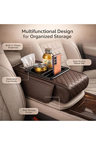 AutoFamily Car Seat Armrest Organizer with Cup Holder – PU Leather Center Con...