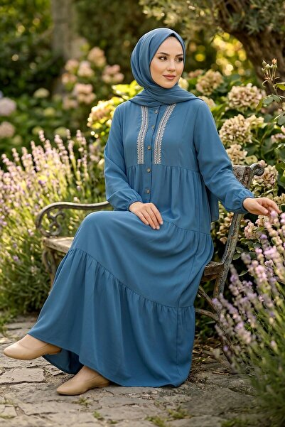 TOFİSA Embroidered Buttoned Woven Viscose Dress Indigo - 28326-Indigo