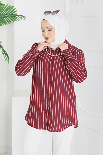 TOFİSA Ριγέ Τουνίκ με Κολιέ Μπορντό - 28209-ΜΠΟΡΝΤΟ