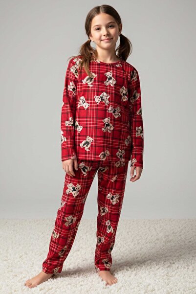 TOFİSA Girl's Red Printed Suede Pajama Set - 28128-Red