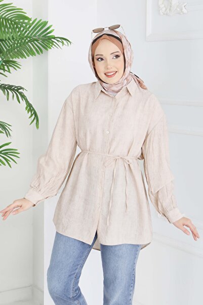 TOFİSA Тънка туника с колан и копчета, бежова - 28217-BEJ