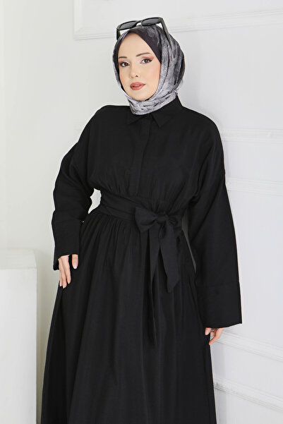 TOFİSA Waist Belted Hidden Button Dress Black - 28224-Black