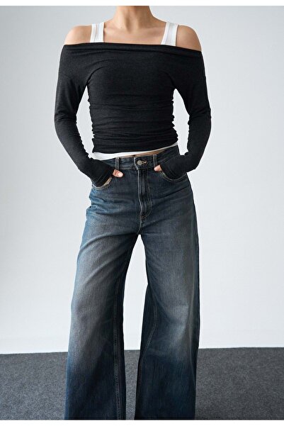 ibeeka Off-The-Shoulder Boat Neck Black Blouse and White Strap Double Set