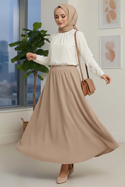 TOFİSA Крепова спідниця-кльош з кишеньками, кремового кольору - 28240-CREAM