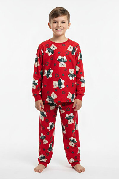 TOFİSA Boy's Red Printed Suede Pajama Set - 28168-Red