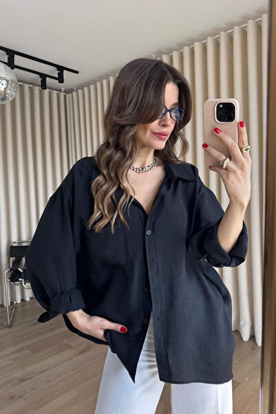 Sue Store Cămașă neagră supradimensionată din țesătură modal