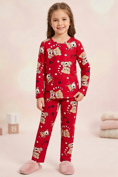 TOFİSA Girl's Red Teddy Bear Printed Suede Pajama Set - 28345-Red