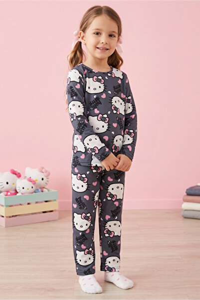TOFİSA Κοριτσίστικο Σετ Πιτζάμες από Σουέντ με Σχέδιο Γάτας - 28331-FUME