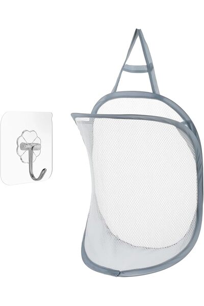 Arabest Hanging Foldable Mesh Laundry Hamper Bag with Carry Handle, 1 Pack Grey