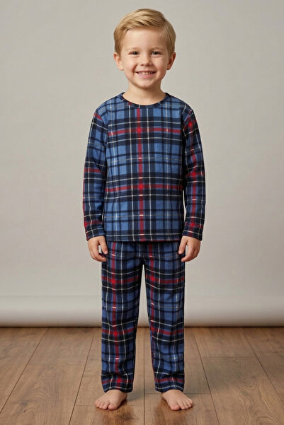 TOFİSA Boy's Blue Plaid Suede Pajama Set - 28327-Blue