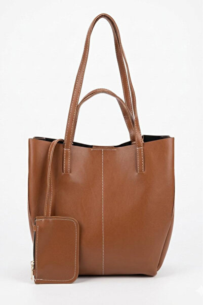 TOFİSA Women's Tan Faux Leather Wide Bag with Wallet - 28310-Taba