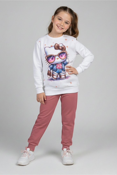 TOFİSA Girl's Dried Rose Printed Embroidered Pajama Set - 28237-Gul-Kurusu