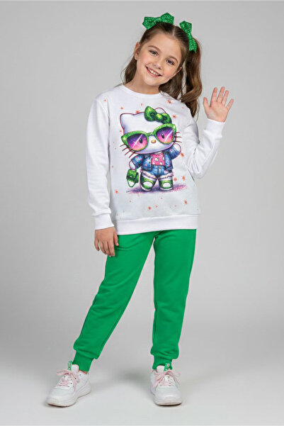 TOFİSA Girl's Green Printed Shawl Pajama Set - 28237-Green