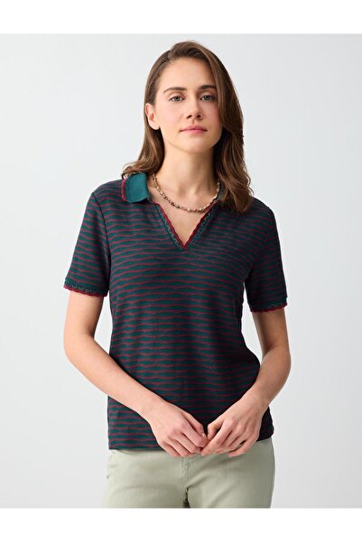 Dark Green Short Sleeve Polo Neck Patterned Knitted Blouse