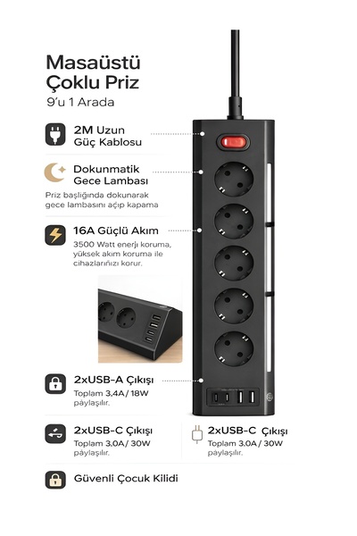 DEANB 3680W 1050J Akım Korumalı 5li Priz 2 USB 2 Type-C 3.4A Dokunmatik LED A...