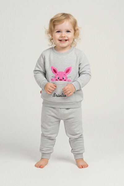 TOFİSA Κοριτσίστικο Γκρι Σετ με Τσέπες Καγκουρό - 28190-GRI