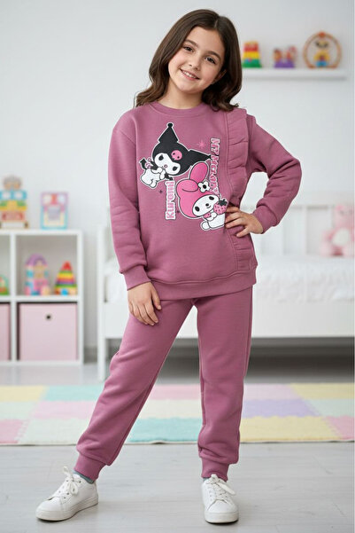 TOFİSA Girl's Rose Printed Three-Thread Tracksuit Set - 28154-Gul