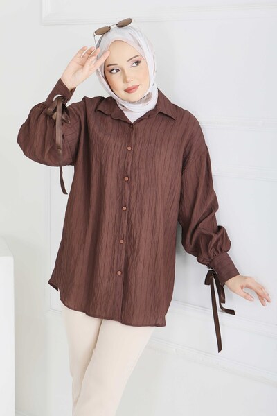 TOFİSA Туника с ажурни детайли на ръкава - Кафяв - 28210-КАФЯВ