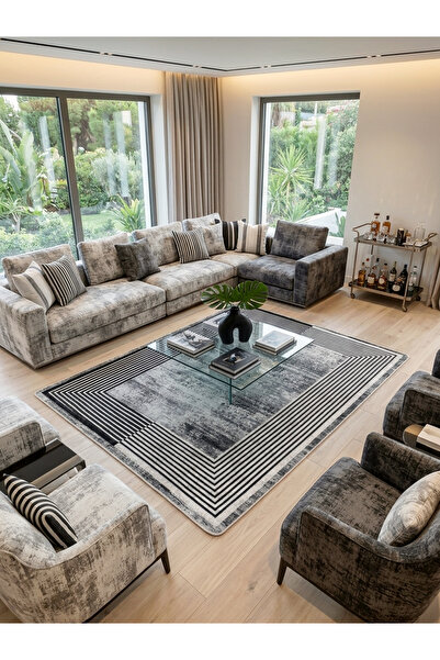 Striped Aged Pattern Anthracite Color Latex Base Living Room and Runner Entry Carpet