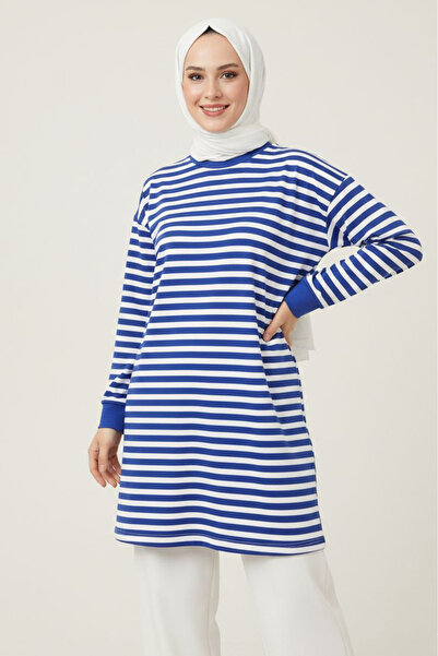 TOFİSA Striped Cuffed Tunic Saks - 28218-Saks