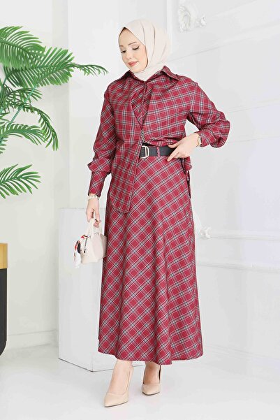 TOFİSA Plaid Skirt Set Claret Red - 28286-Bordo