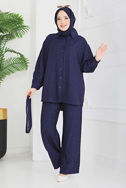 TOFİSA Serpme Stone Detailed Double Suit Set Navy Blue - 28219-Navy Blue
